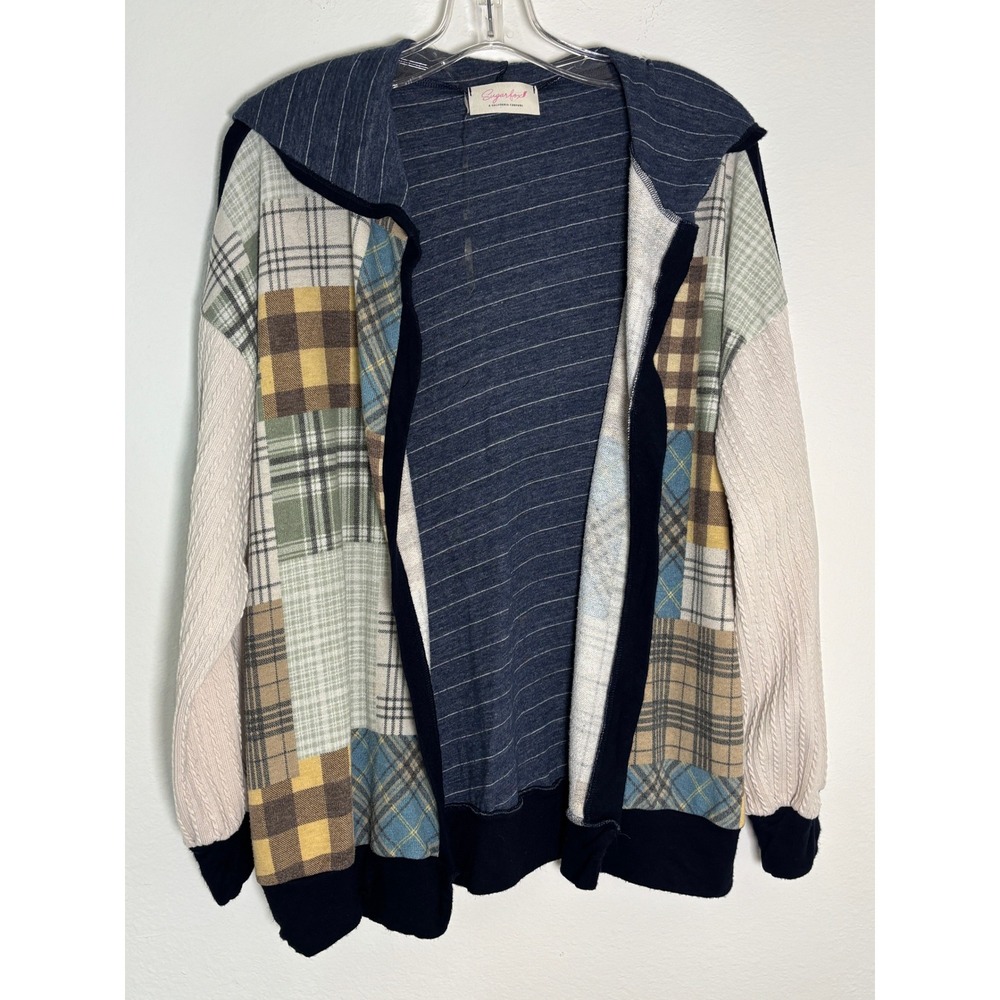 Sugarfox Patchwork Mixed Hooded‎ Cardigan Sweater Plaid Cable Knit Navy Multi